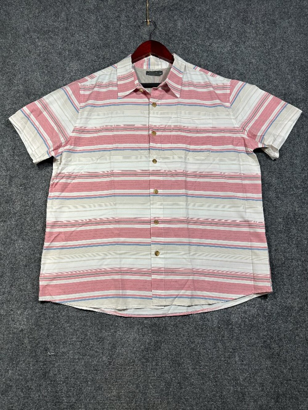 Eddie Bauer Shirt Mens Large Pink Stripe Cotton Blend Pocket Short Sleeve